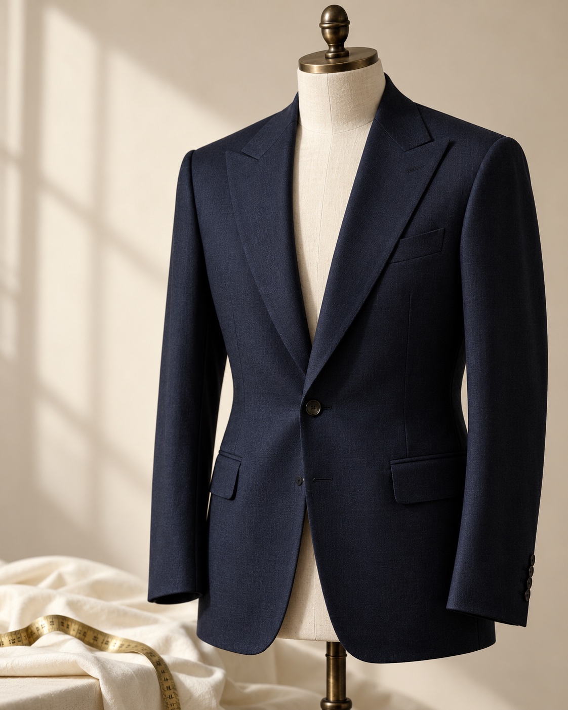 Illustrative navy jacket on an ivory dress form